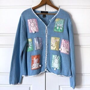 Vintage All Points Easter Bunny Sweater Womens Large Blue Spring 90s Grandma